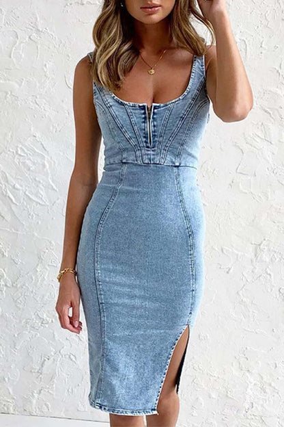 Zipper Distressed Denim Slit Midi Dress