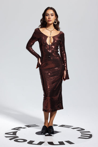 Aoibhe Sequin Midi Dress in Brown