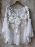 Bohemian Style Woman's V-neck White Rose Short-sleeved Shirt elevenforest