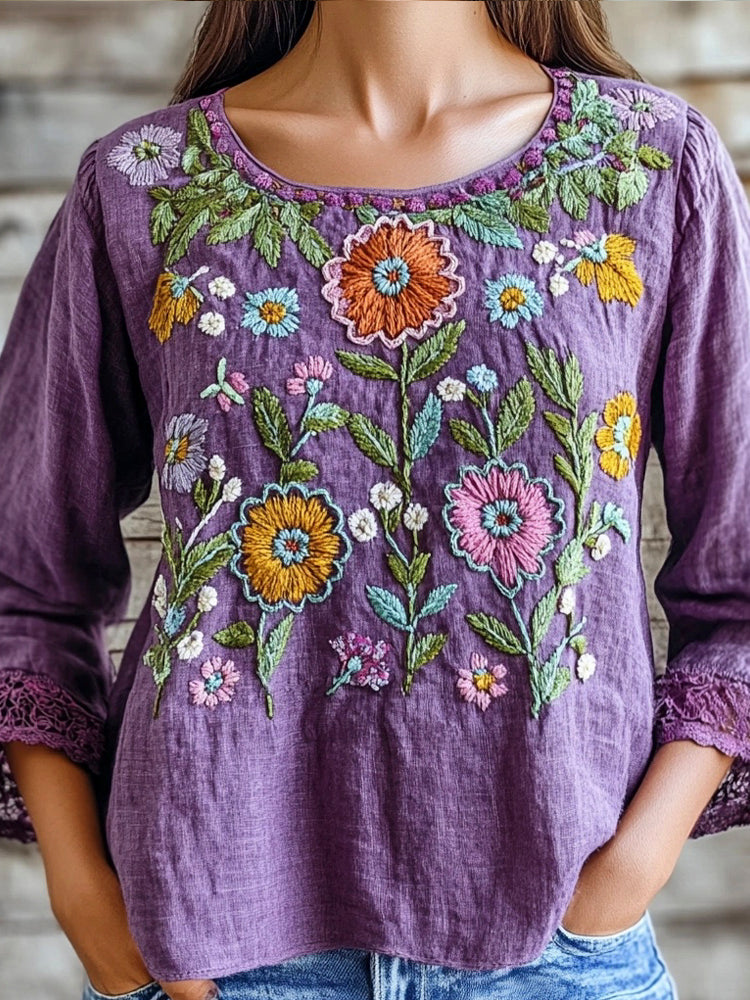 Purple Ethnic Floral Embroidery Vintage Women's Linen Shirt elevenforest