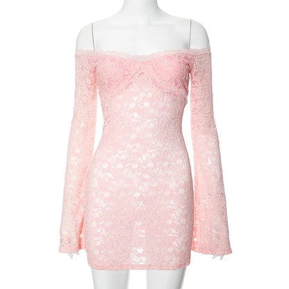 Off Shoulder See-through Lace Dress for Long Sleeve Slim Splice Beach Evening Mini Dress Female
