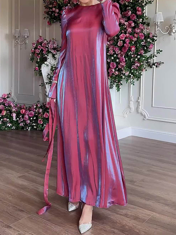 A-line Long Sleeves Pleated Color Tied Waist Zipper Round-neck Maxi Dresses