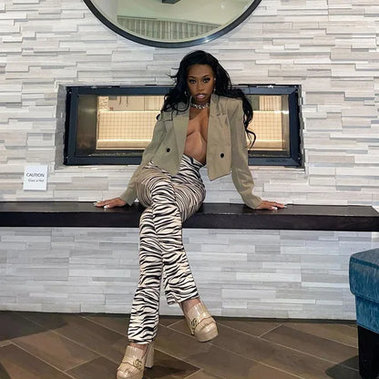 Female Trousers Zebra Print Straight Leg Pants Split Out Spring High Waist Pants