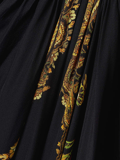 Flared Sleeves Loose Contrast Color Printed Split-front Maxi Dresses