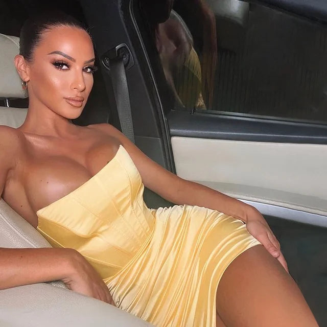 Satin Strapless Ruched Dress for Summer Off-shoulder Sleeveless Bodycon Party Clubwear Mini Dresses Vestidos