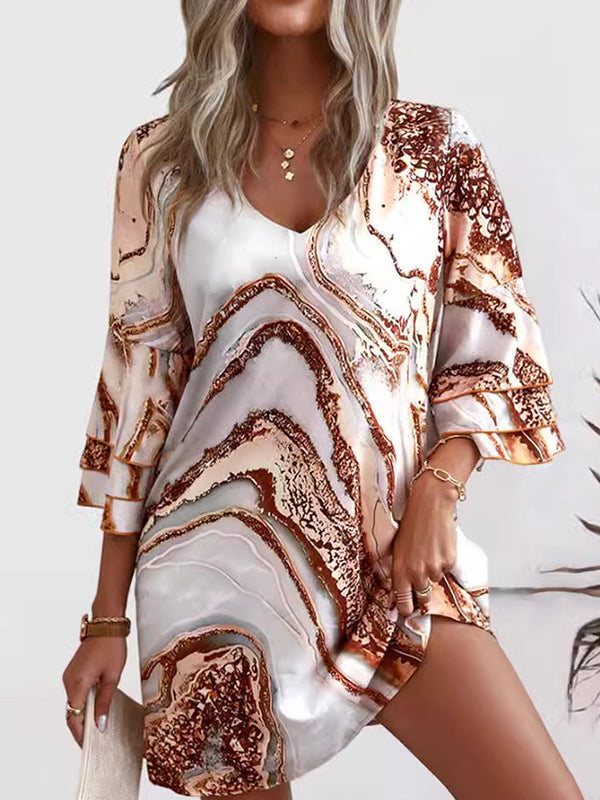 A-line Flared Sleeves Layered Printed Split-joint V-neck Mini Dresses