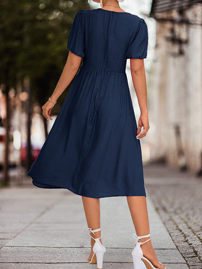 A-line High Waisted Elasticity Knot Pleated Color Split-joint V-neck Midi Dresses