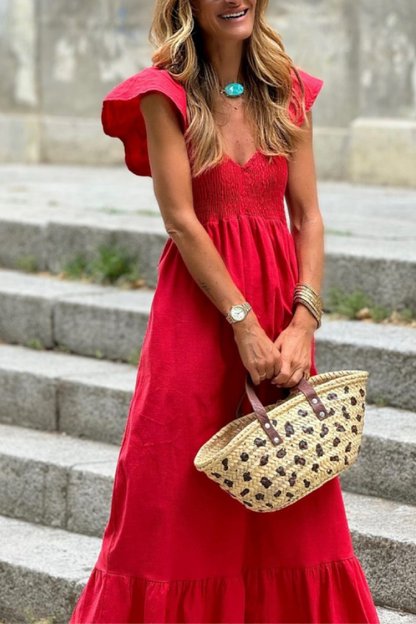 V-neck Waist Ruffled Short Sleeves Loose Hem Long Dress
