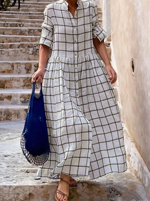 Long Sleeves Loose Buttoned Plaid Split-joint Stand Collar Maxi Dresses