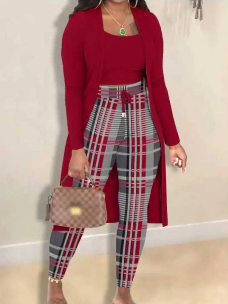 Autumn Winter 2 Piece Sets Outfit Cami Pattern U Neck Long Sleeve Drawstring Three Piece Skinny Pants Set