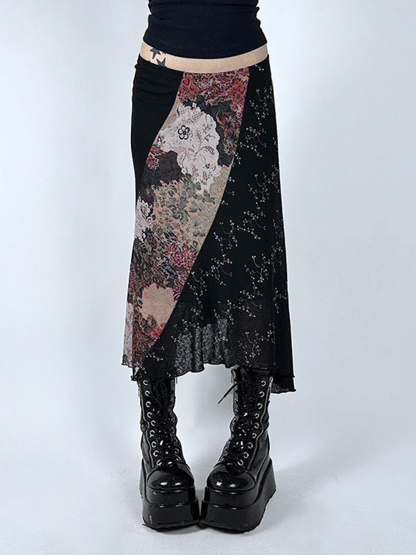 Dark Flower Print Splice Irregular Design Low Waist Midi Skirt
