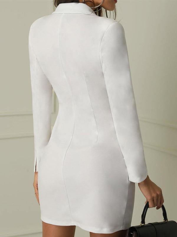 Long Sleeves Split-joint Lapel Mini Dresses