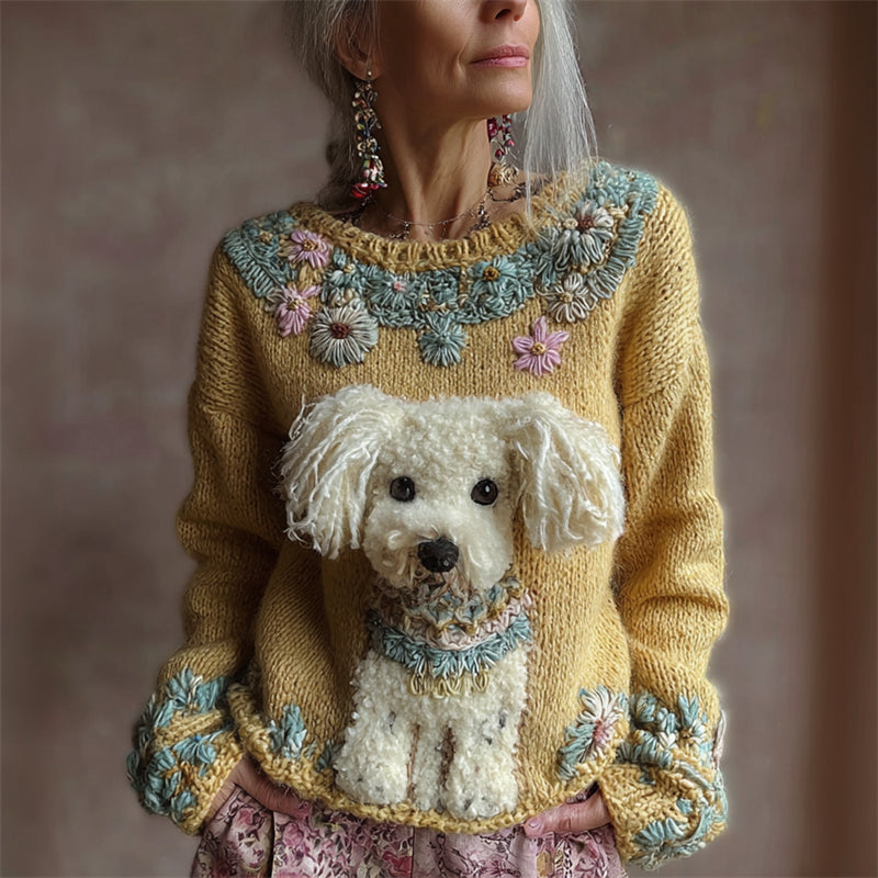 Vintage Fuzzy Dog Boho Floral Embroidered Cozy Knit Sweater elevenforest