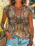 Women's Retro Ethnic Totem Art Print 100%Cotton V-neck T-Shirt