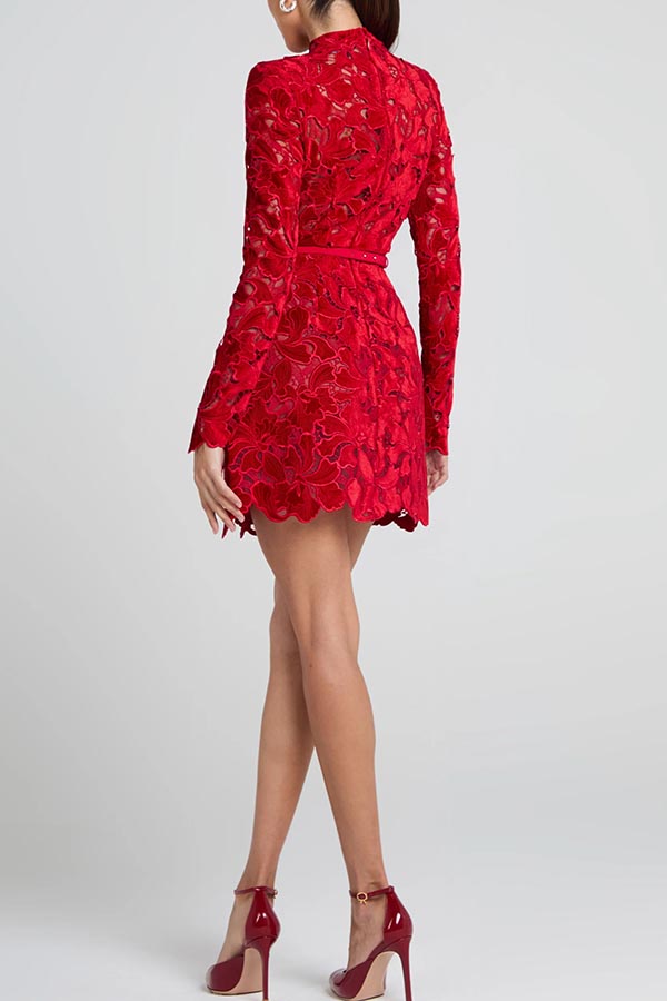 Lydia Embroidered Lace Long Sleeve Belt Tulip Shaped Mini Dress