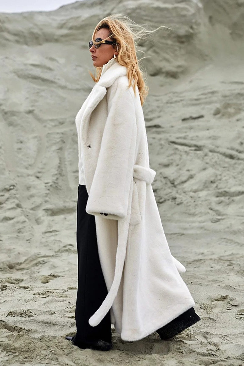 Long Notched Lapel Belted Rabbit Faux Fur Overcoat