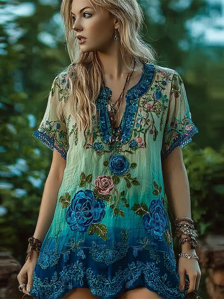 Blue Sequin Lace Floral Boho Art Women's V-neck Short Sleeve Long Shirt elevenforest