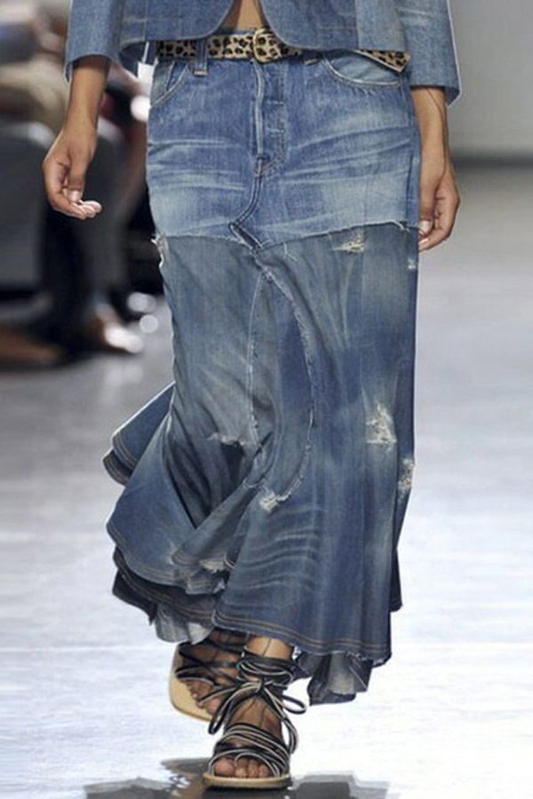 90's Distressed Paneled Irregular Hem Denim Skirt