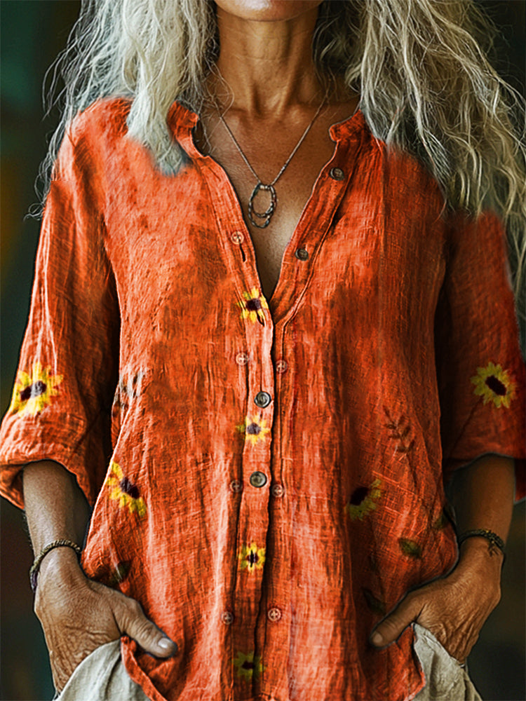 Women's Bohemian Floral Art Print Casual Cotton Linen Shirt