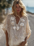 Bohemian Style White Rose V-neck Casual Short-sleeved Shirt elevenforest