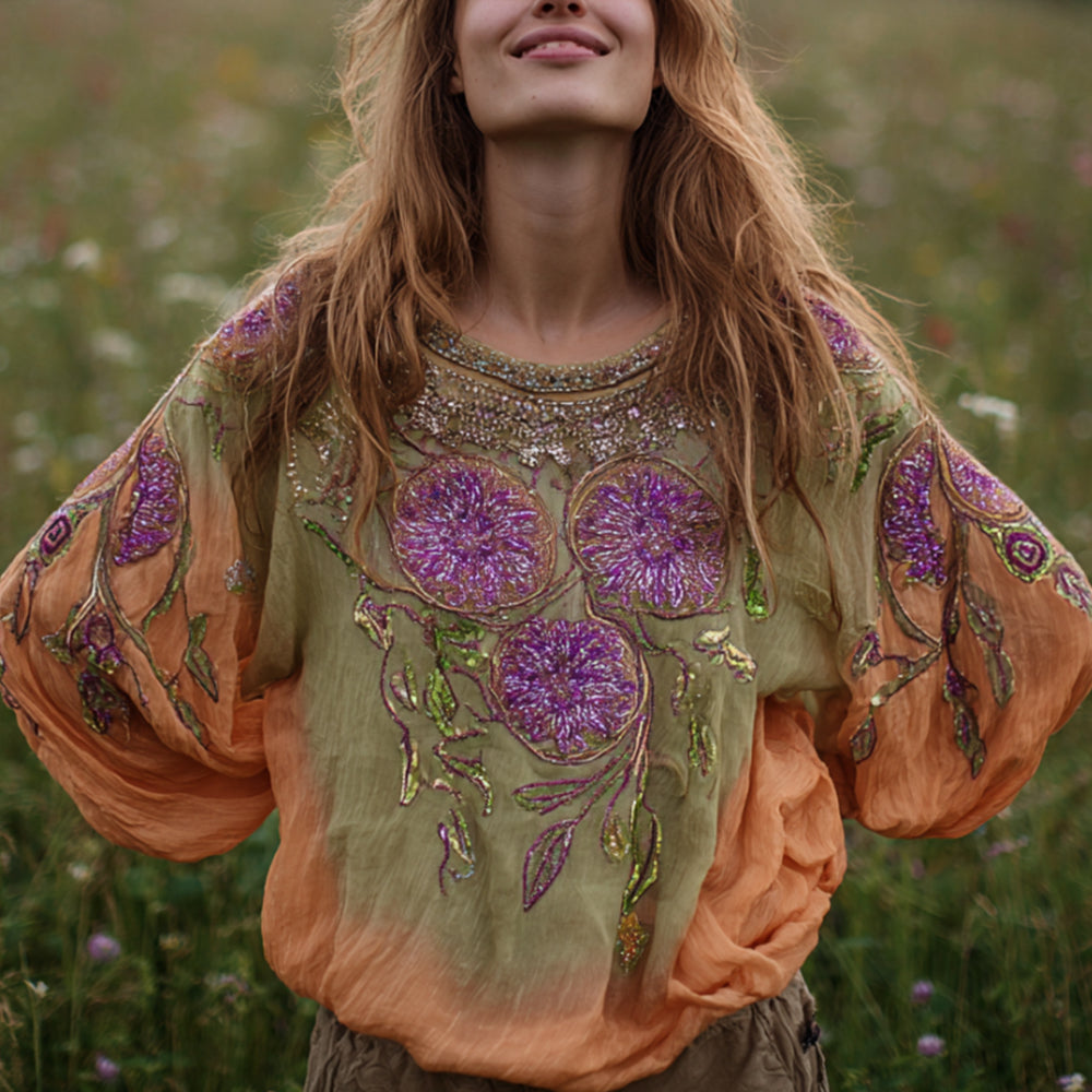 Ladies' Mandala Flower Embroidery And Tie-dye Vintage Round-neck Long-sleeve Shirt elevenforest
