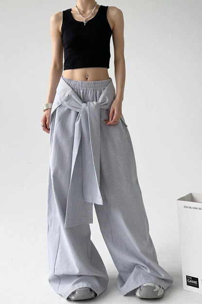 Striped Tie Waist Wide Leg Pants