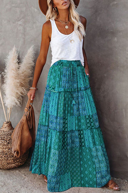 Print Stretch Elastic Waist Pocket High Waist Skirt