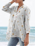 Petite Spring Floral Pattern Printed Women's Casual Linen V-neck Shirt