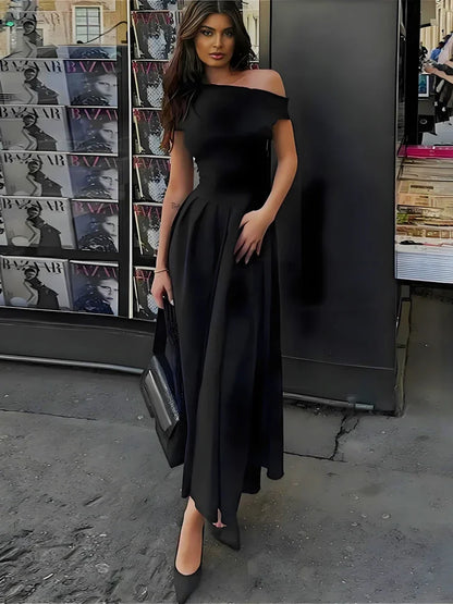 Black Off-shoulder Autumn Long Dress for High Waist Patchwork Slim One-shoulder Party Dress Female Maxi Dress