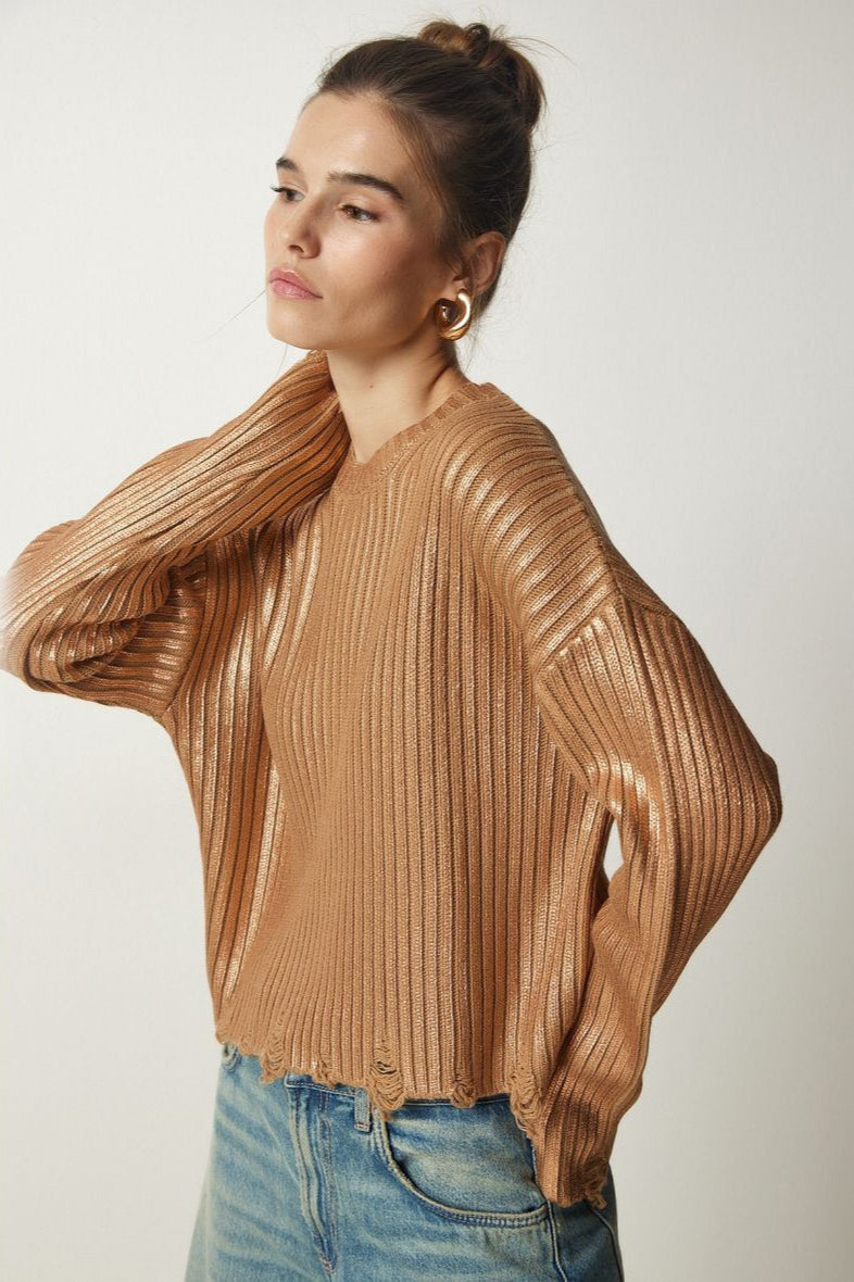 Simple Silver Foil Loose Slim Long Sleeve Sweater