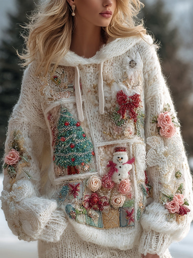 Cute Christmas Inspired Patchwork Cozy Hooded Sweater