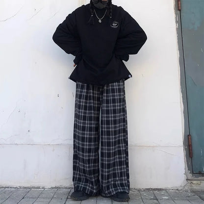Oversize Pants Sweatpants Summer Black Plaid Pants Elastic Waist Pockets Student Trousers