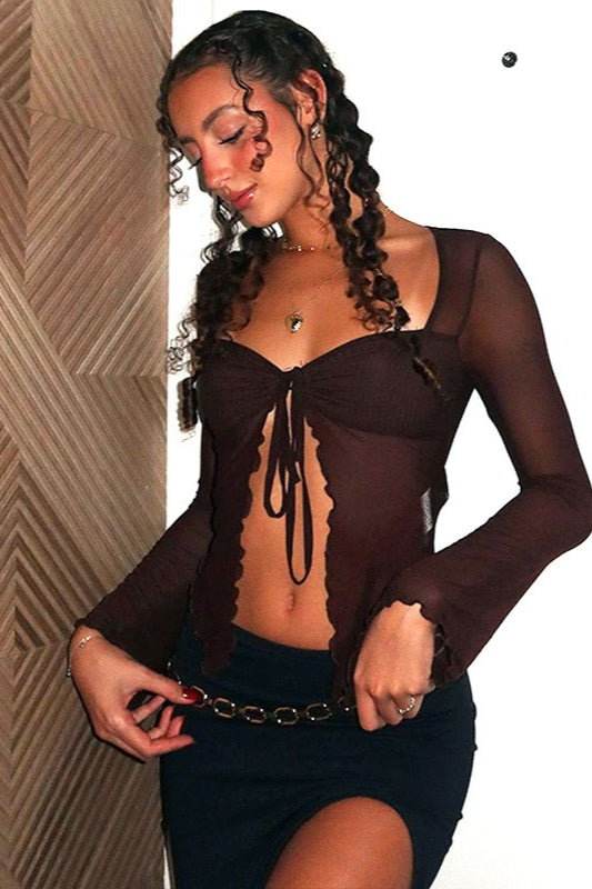 Mesh Drawstring Long-sleeve Blouse