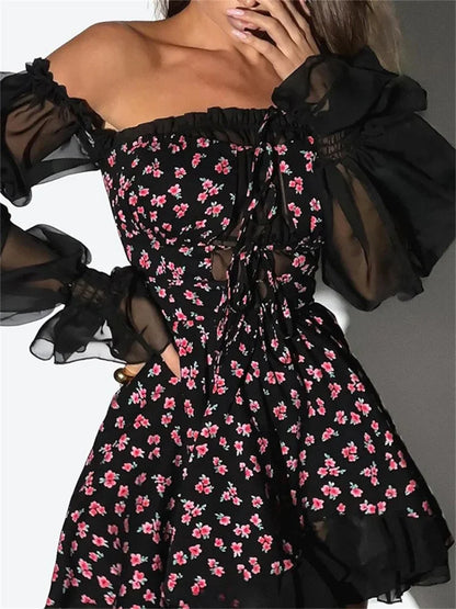 Printed Off-shoulder Mini Dress ’s Ruffled See-through Long Sleeve Bandage Patchwork Dress Female Clothes New
