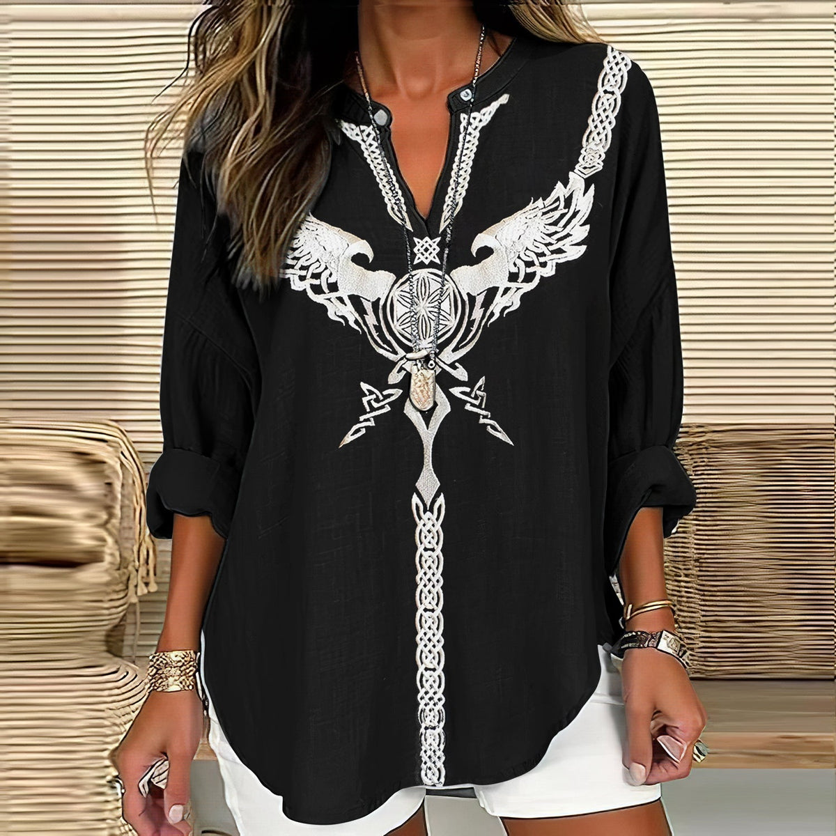 Women's Viking Art  Linen Print Casual Shirt elevenforest