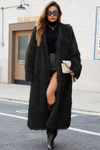 Plush Faux Fur V-neck Long Overcoat