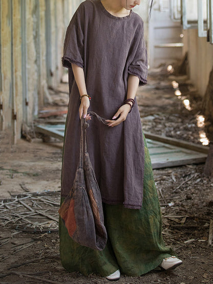 Half Sleeves High-low Fringed Color Split-joint Split-side Round-neck Midi Dresses