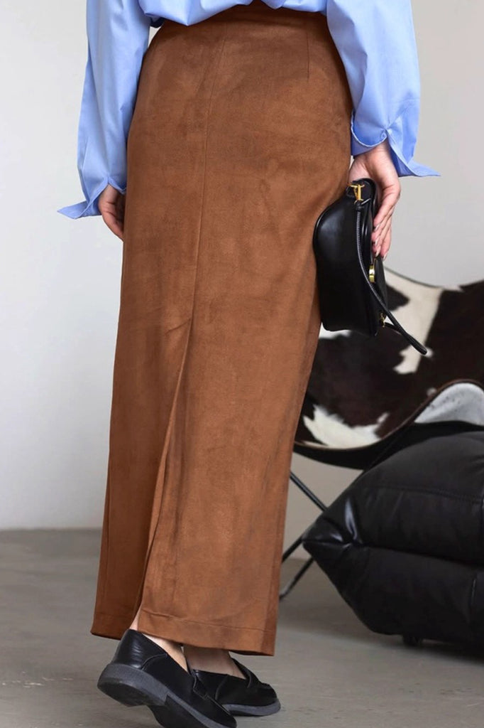 Suede Brown Straight Slit Long Skirt