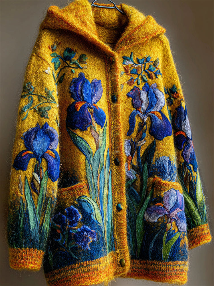 Elegant Irises Felt Embroidered Cozy Knit Hooded Cardigan elevenforest