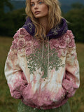 Women's Plant Embroidery Tie-dye Patchwork Color Hooded Sweater elevenforest
