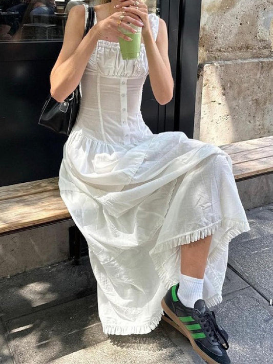 White French Pleated Layered Slim Midi Dress With Lace Up