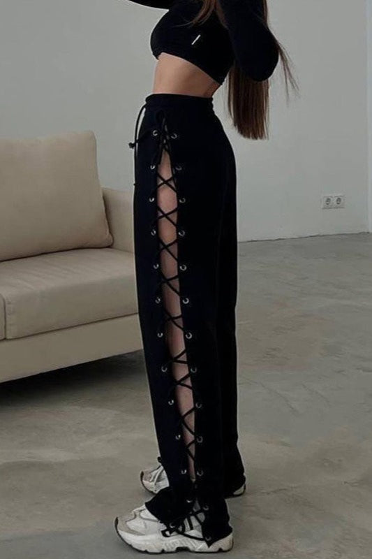 Side Slit Tie Cutout Wide Leg Pants