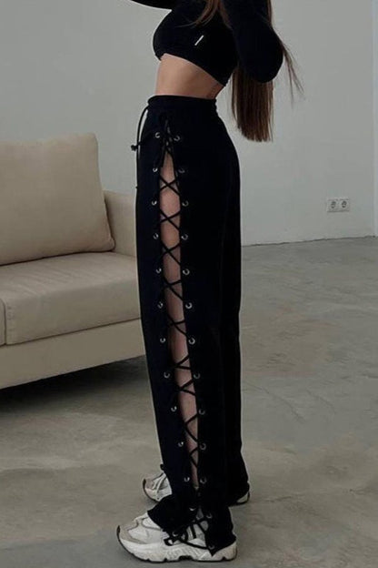 Side Slit Tie Cutout Wide Leg Pants