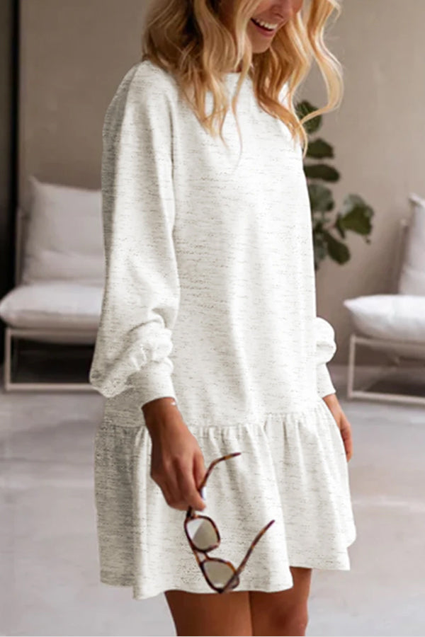 White Color Ruffle Hem Mini Sweatshirt Dress