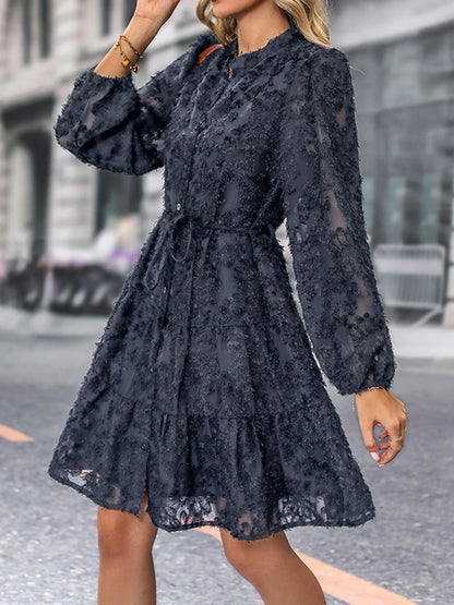 A-line Long Sleeves Buttoned Elasticity Jacquard Pleated Color Tied Waist Stand Collar Mini Dresses