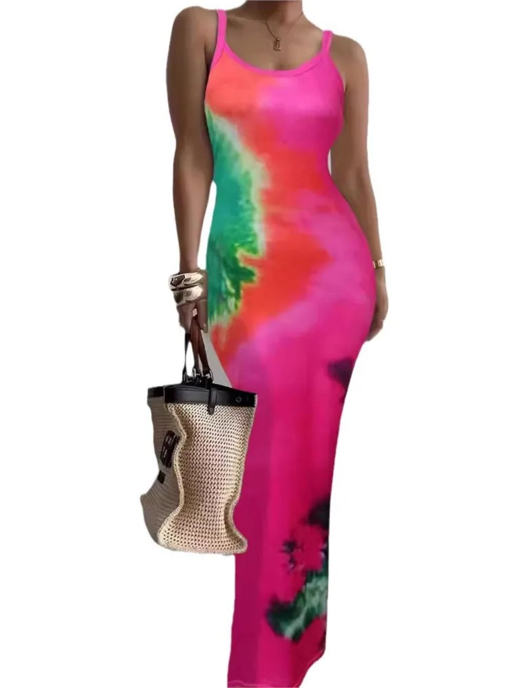 Color Tie Dye Print Spaghetti Strap Long Dresses Package Hip Bodycon Dress Female Club Vestidos