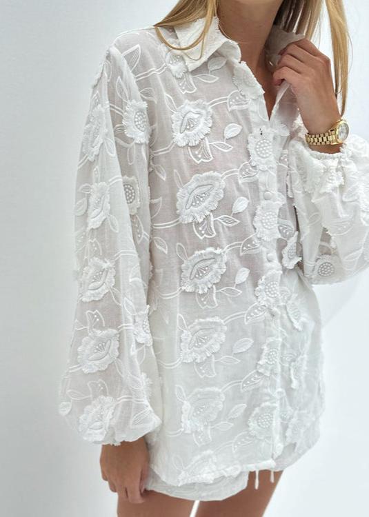 Breeze - Sheer Embroidered Shirt & High-waist Shorts Set