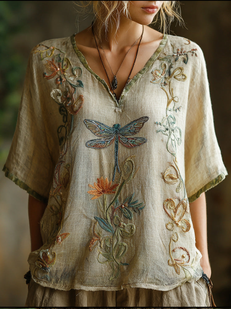 Bohemian Dragonfly Vine Pattern Vintage V-neck Short-sleeved T-shirt elevenforest