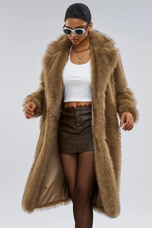 Long Faux Fur Shawl Collar Winter Coat