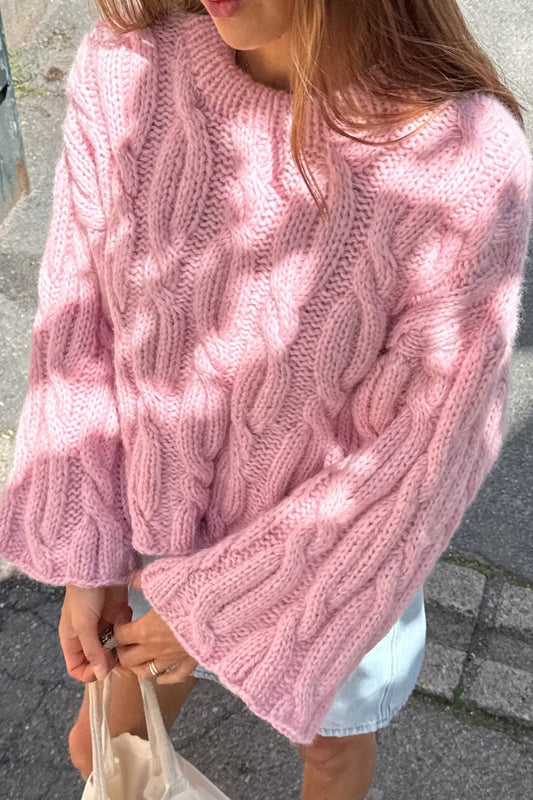 Pink Slouchy Cable-knit Short Sweater